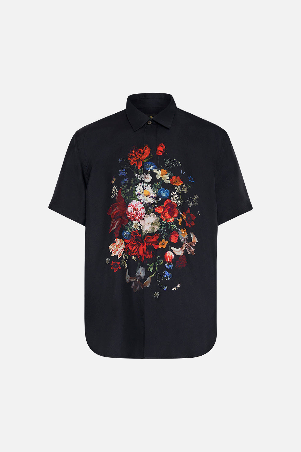 Hotel Franks by CAMILLA mens black floral print silk shirt in A Still Life print 