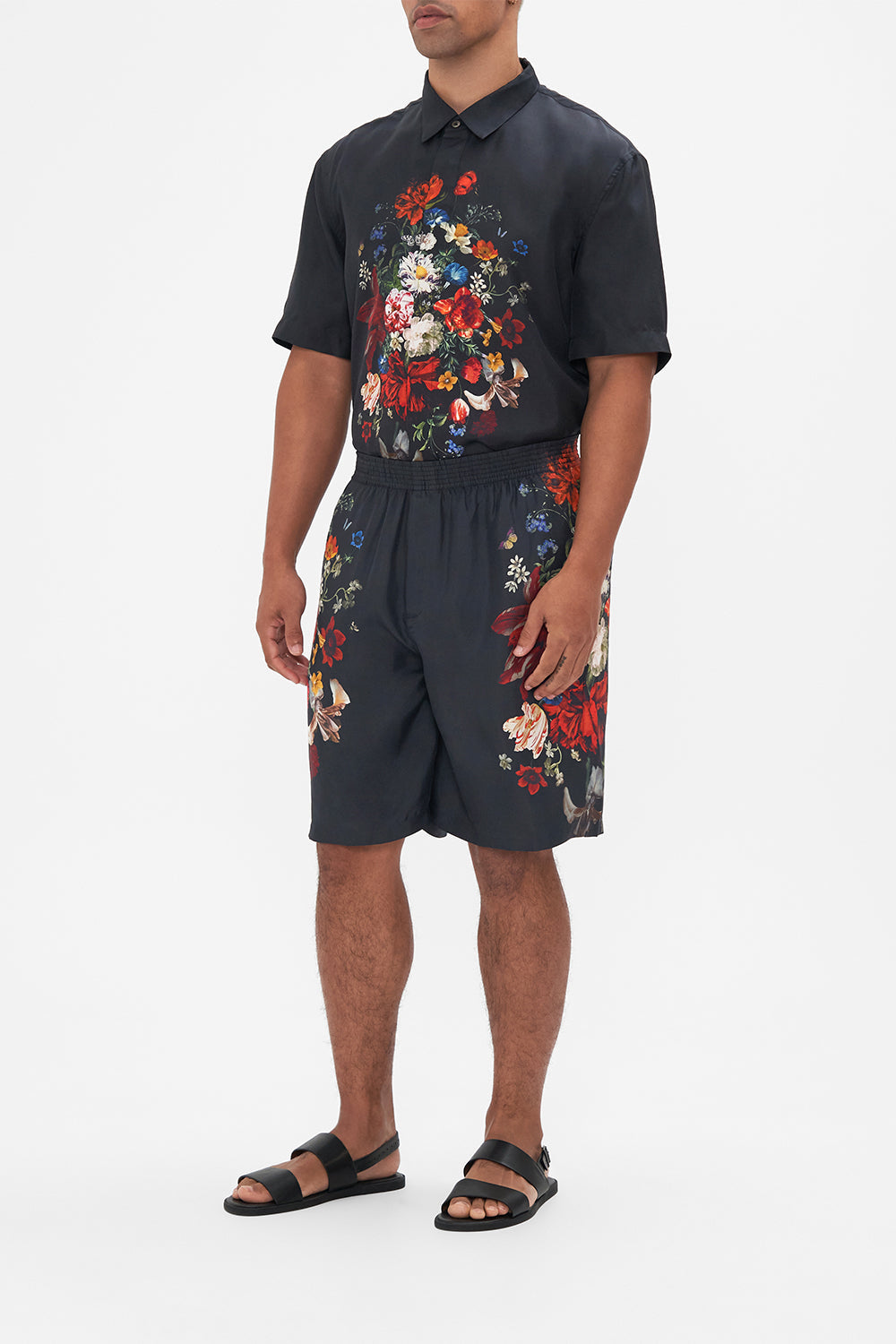 Hotel Franks by CAMILLA mens black floral print boardshorts in A Still Life print 