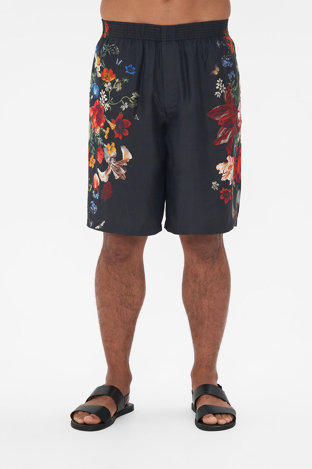 Hotel Franks by CAMILLA mens black floral print boardshorts in A Still Life print 
