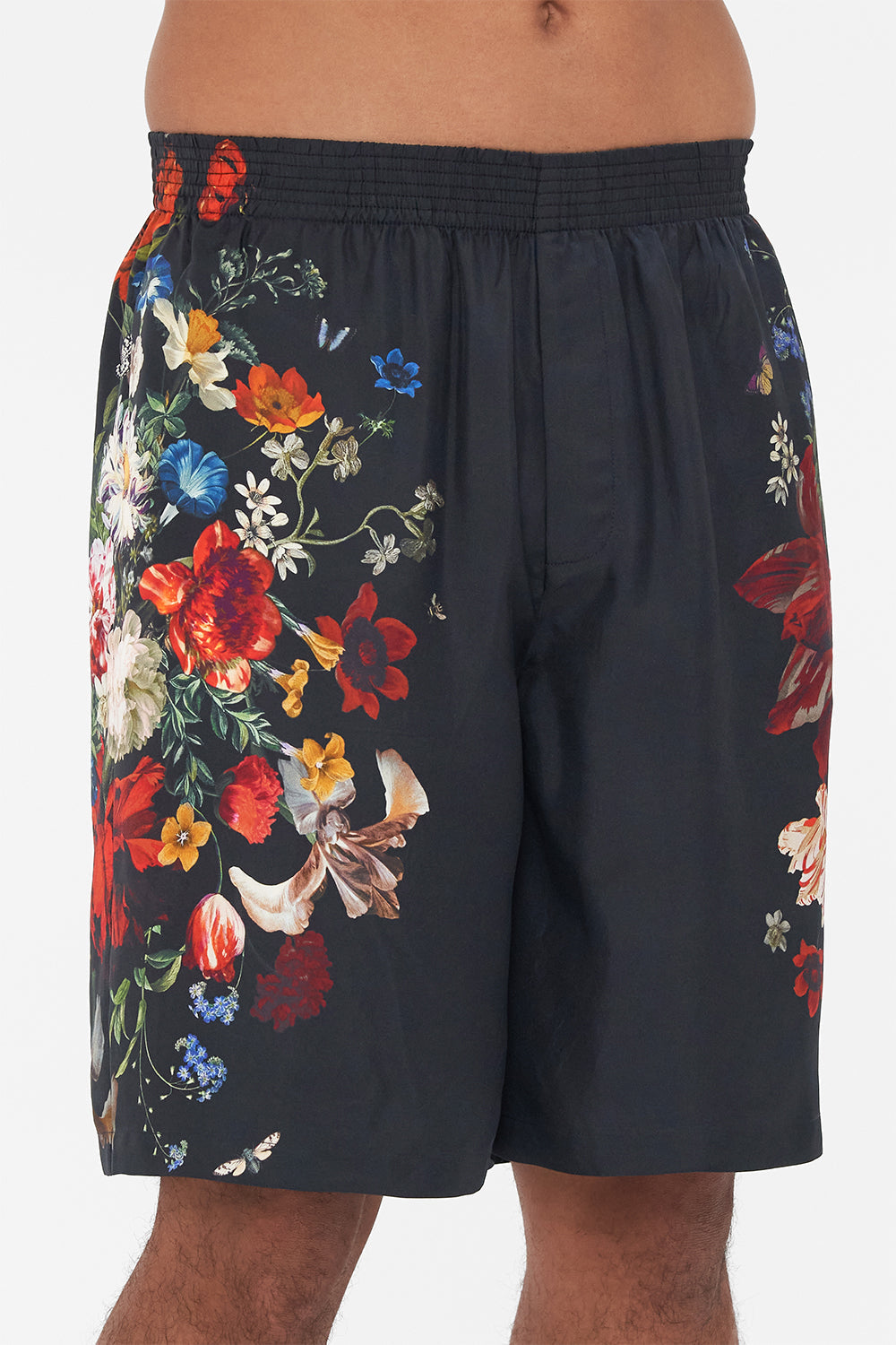 Hotel Franks by CAMILLA mens black floral print boardshorts in A Still Life print 