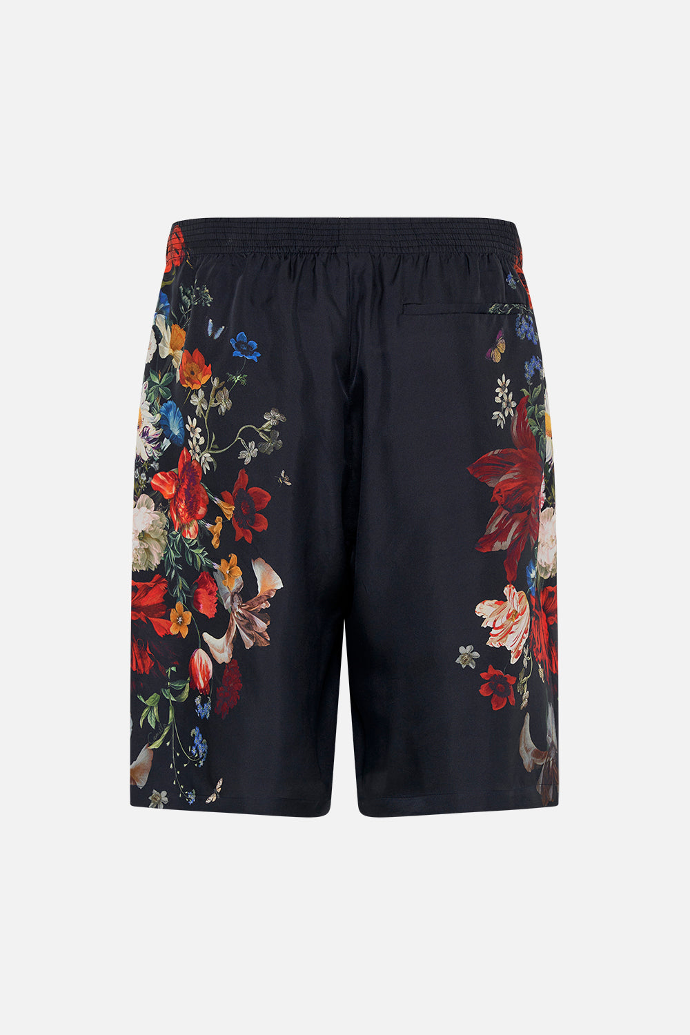 Hotel Franks by CAMILLA mens black floral print boardshorts in A Still Life print 