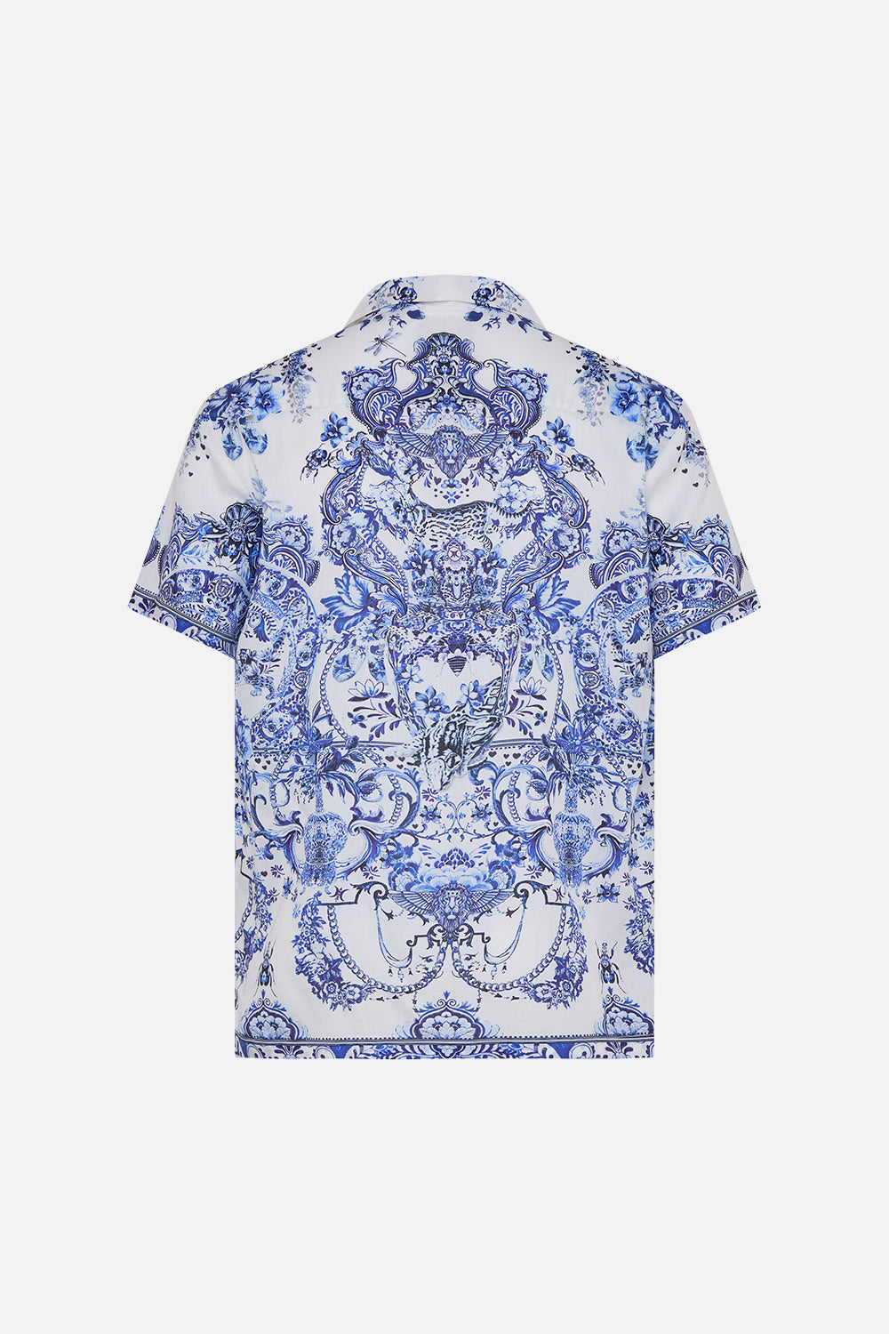 Back of  Hotel Franks By CAMILLA mens blue and white shirt in Glaze and Graze print