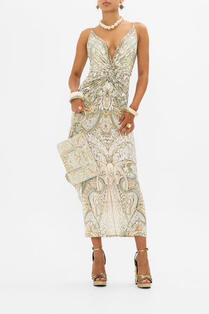 CAMILLA jersey dress with twist in Ivory Tower Tales print