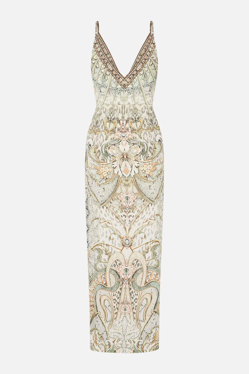 CAMILLA jersey dress with twist in Ivory Tower Tales print