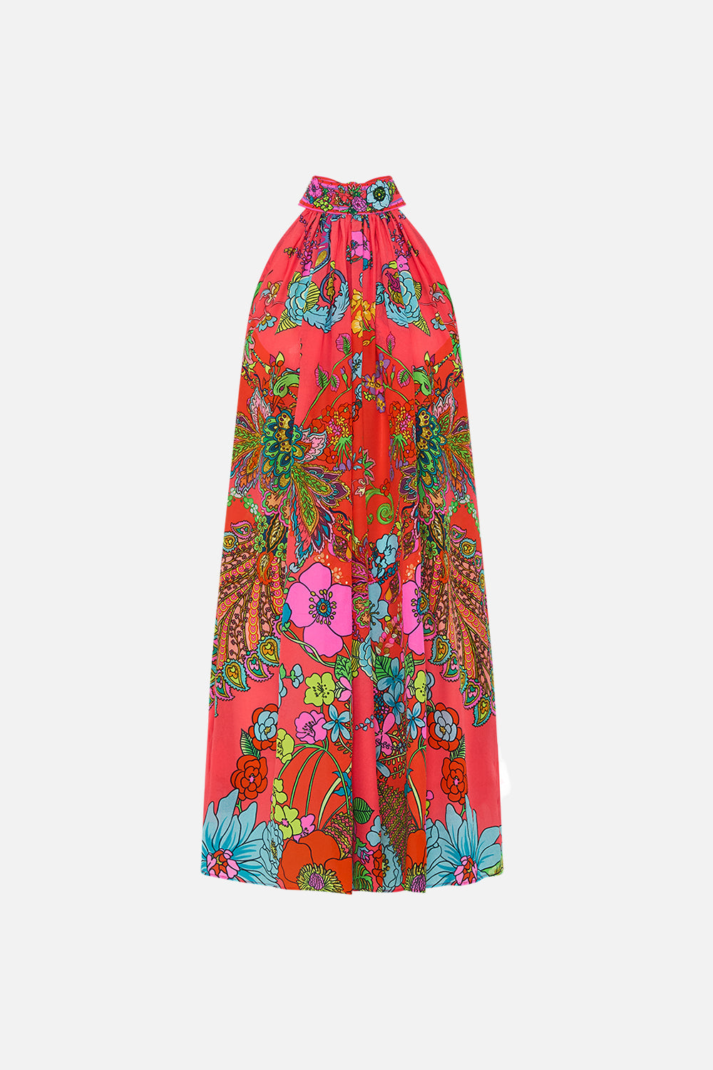 CAMILLA Pink Tie Neck Mini Dress in Windmills and Wildflowers