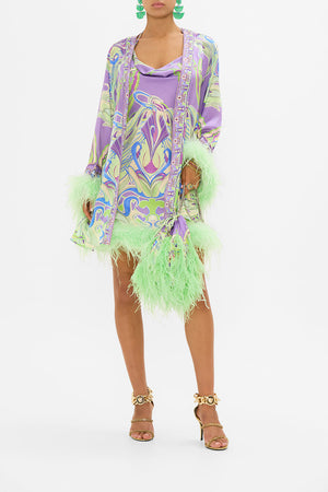 CAMILLA halter dress with feathers in Amsterdam Jewel print