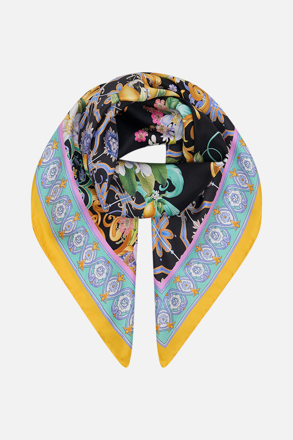 Product view of CAMILLA black  floral print silk scarf in Meet Me In Marchesa print