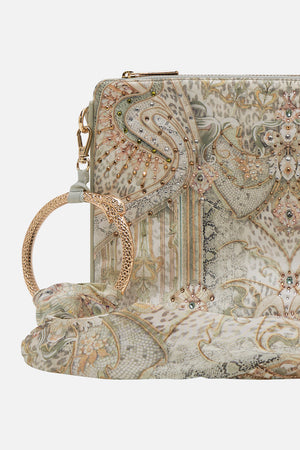 CAMILLA silk clutch in Ivory Tower Tales print
