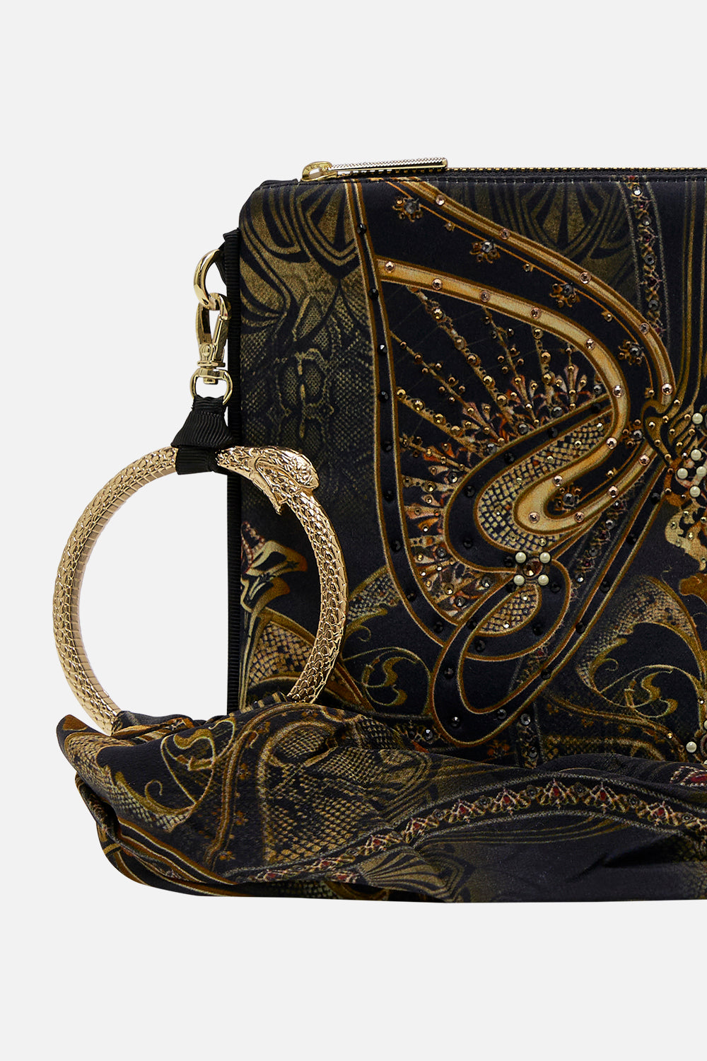 CAMILLA silk clutch in Nouveau Noir print 