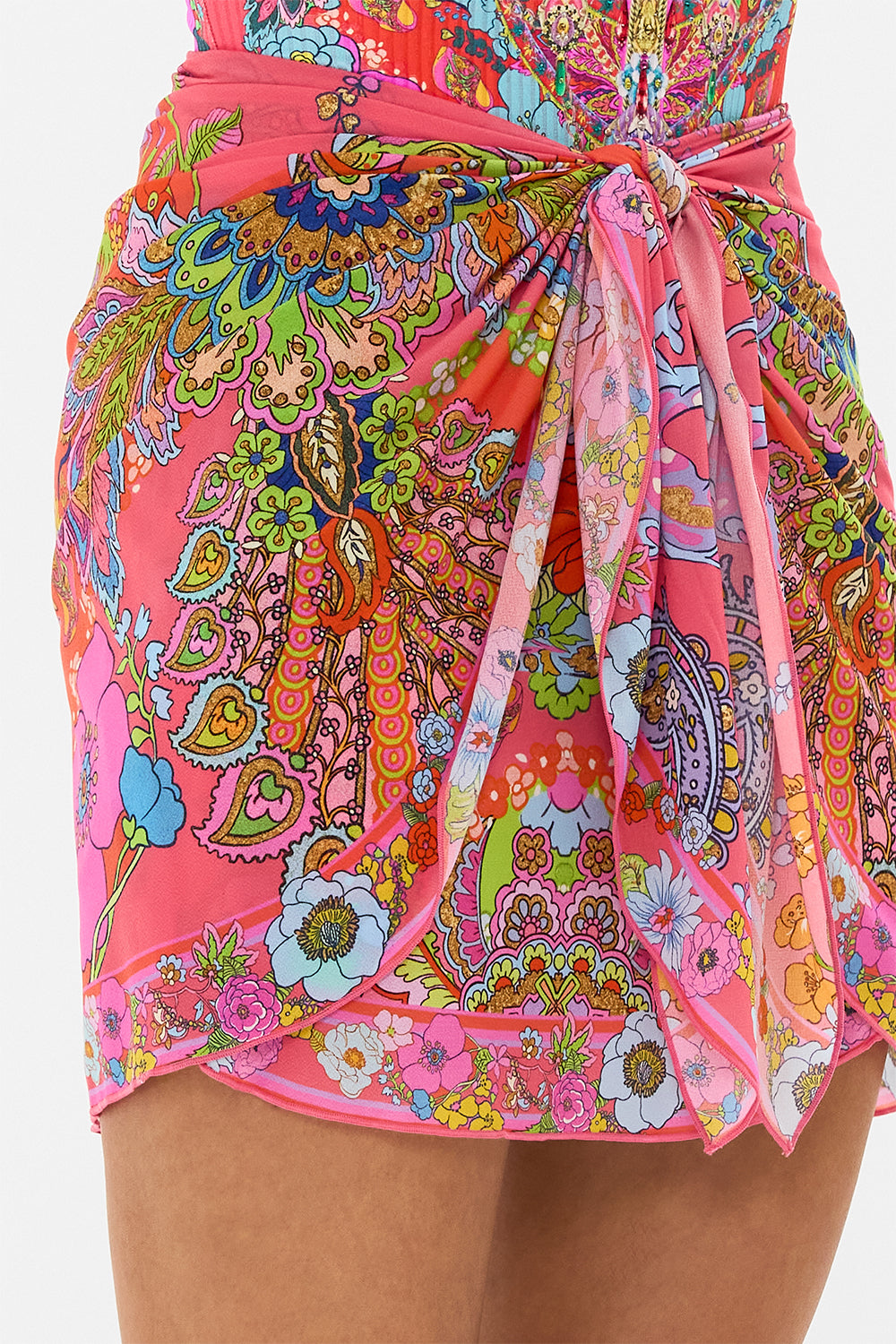 CAMILLA pink layered short sarong with tie front in Windmills and Wildflowers