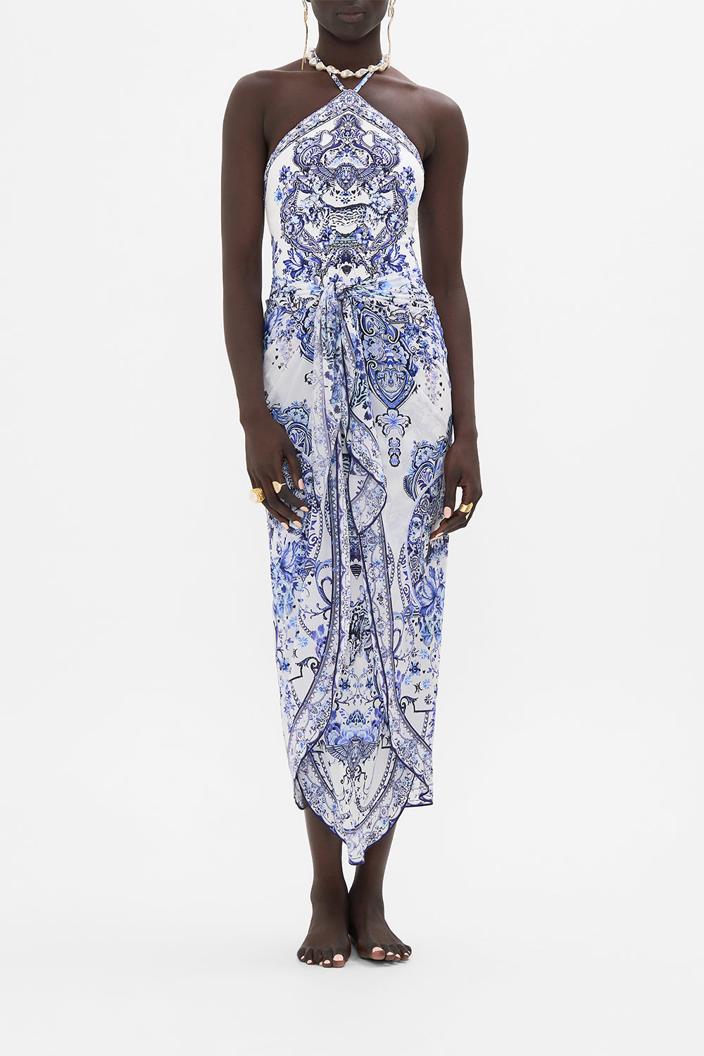 Detail view of model wearing CAMILLA blue and white womens swimsuit in Glaze and Graze print 