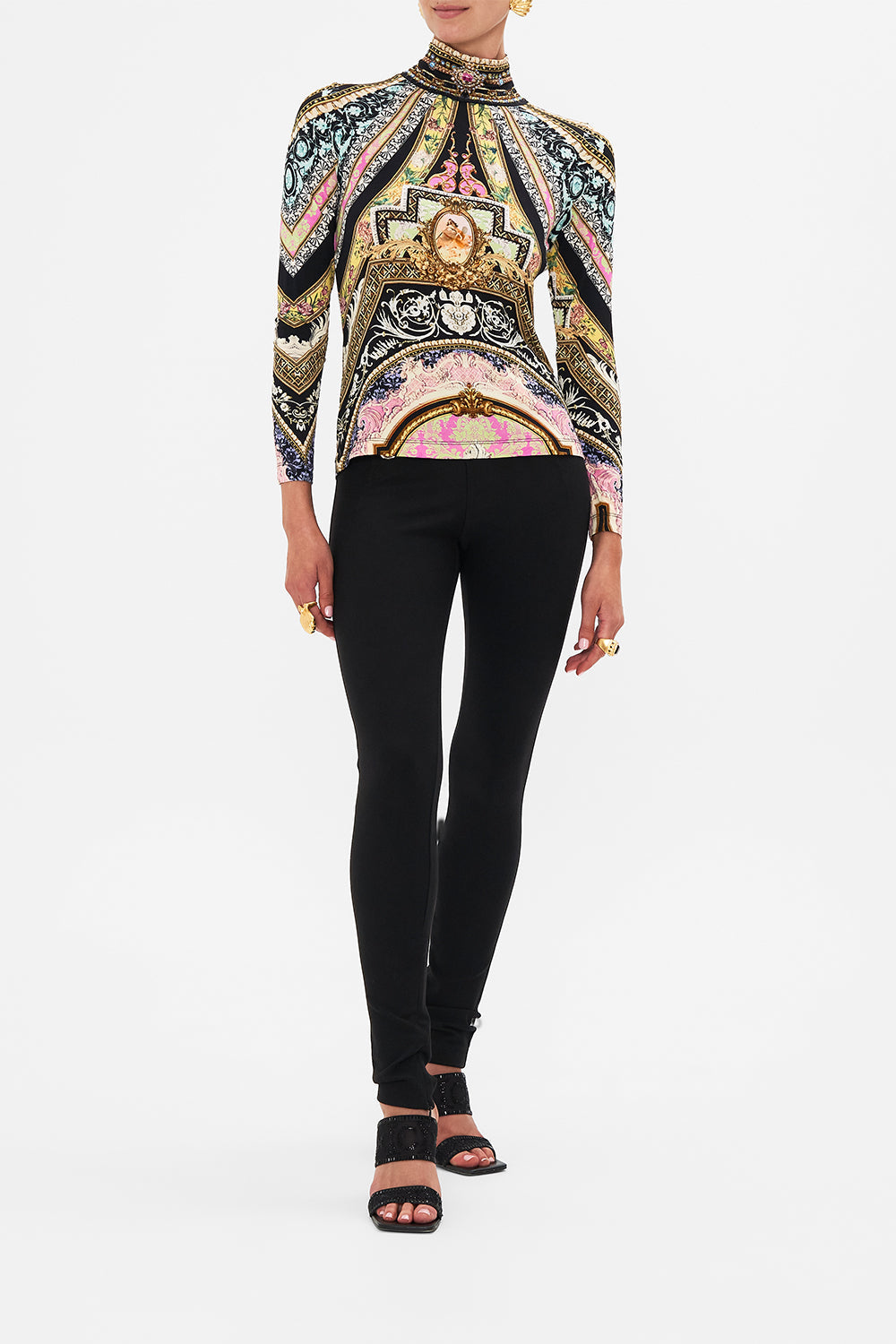 Front view of model wearing CAMILLA jersey turtleneck in Soul Of A Star Gazer print