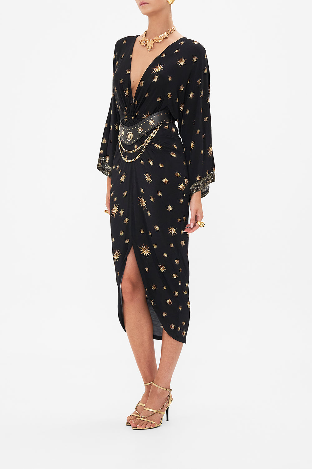 Side view of model wearing CAMILLA jersey dress in Soul Of A Stargazer print 