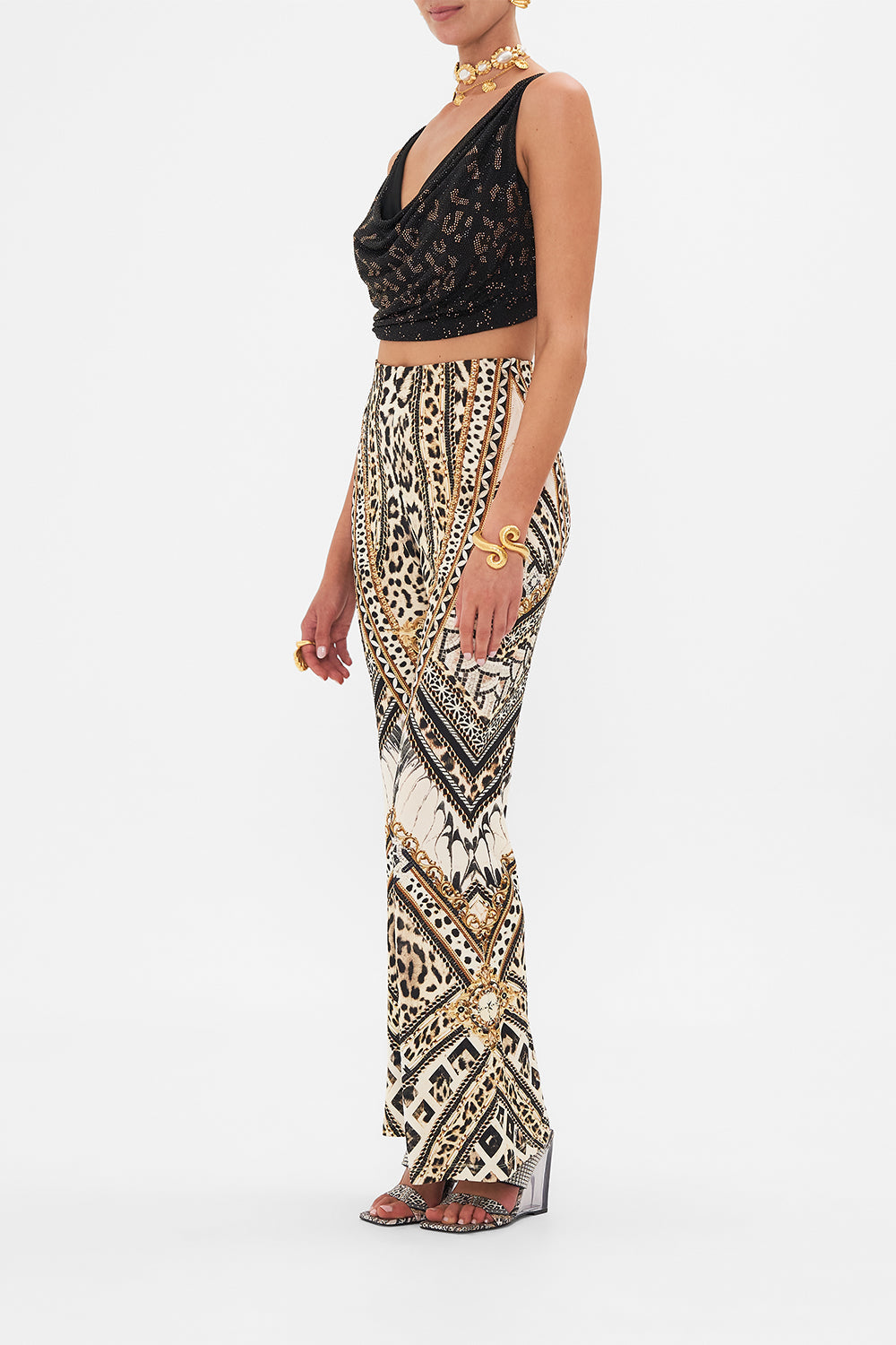 The CAMILLA BUTTON FRONT FRILL DRESS GILDED PLEASURES in our  print.