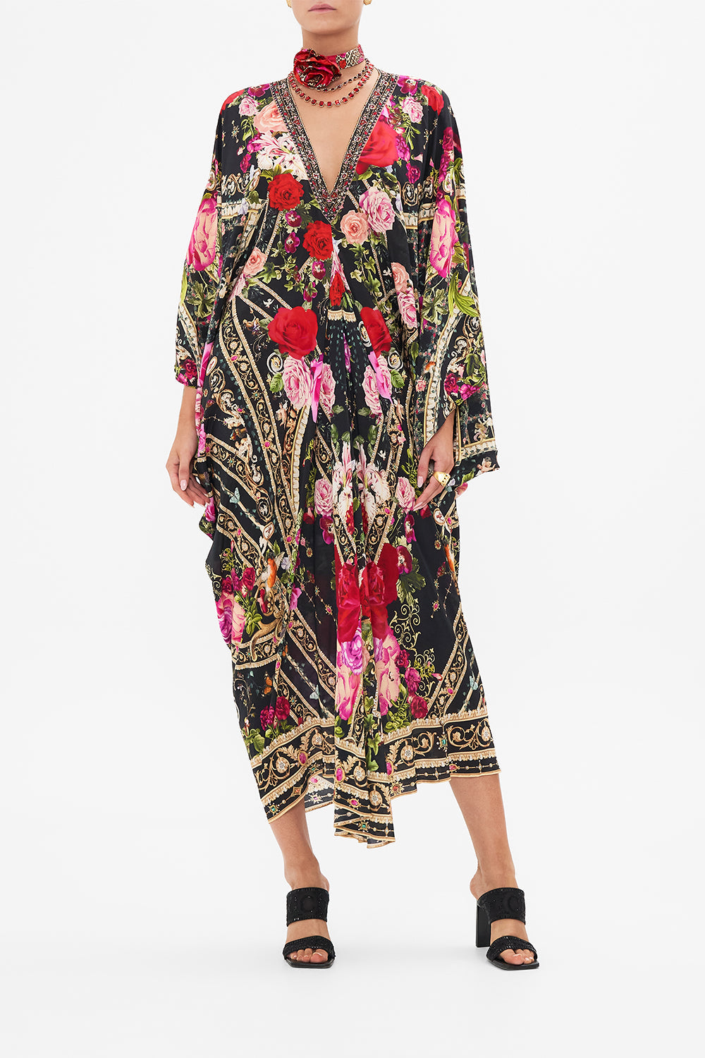 Front view of model wearing CAMILLA designer resort wear silk kaftan print in Reservation For Love print 