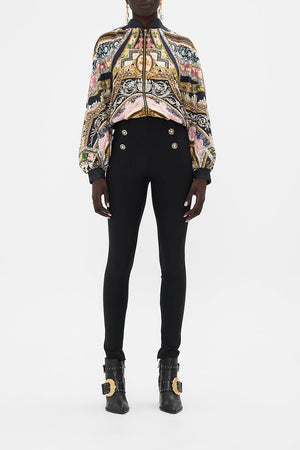 Front view of model wearing CAMILLA silk bomber jacket in Florence Field Day Print 