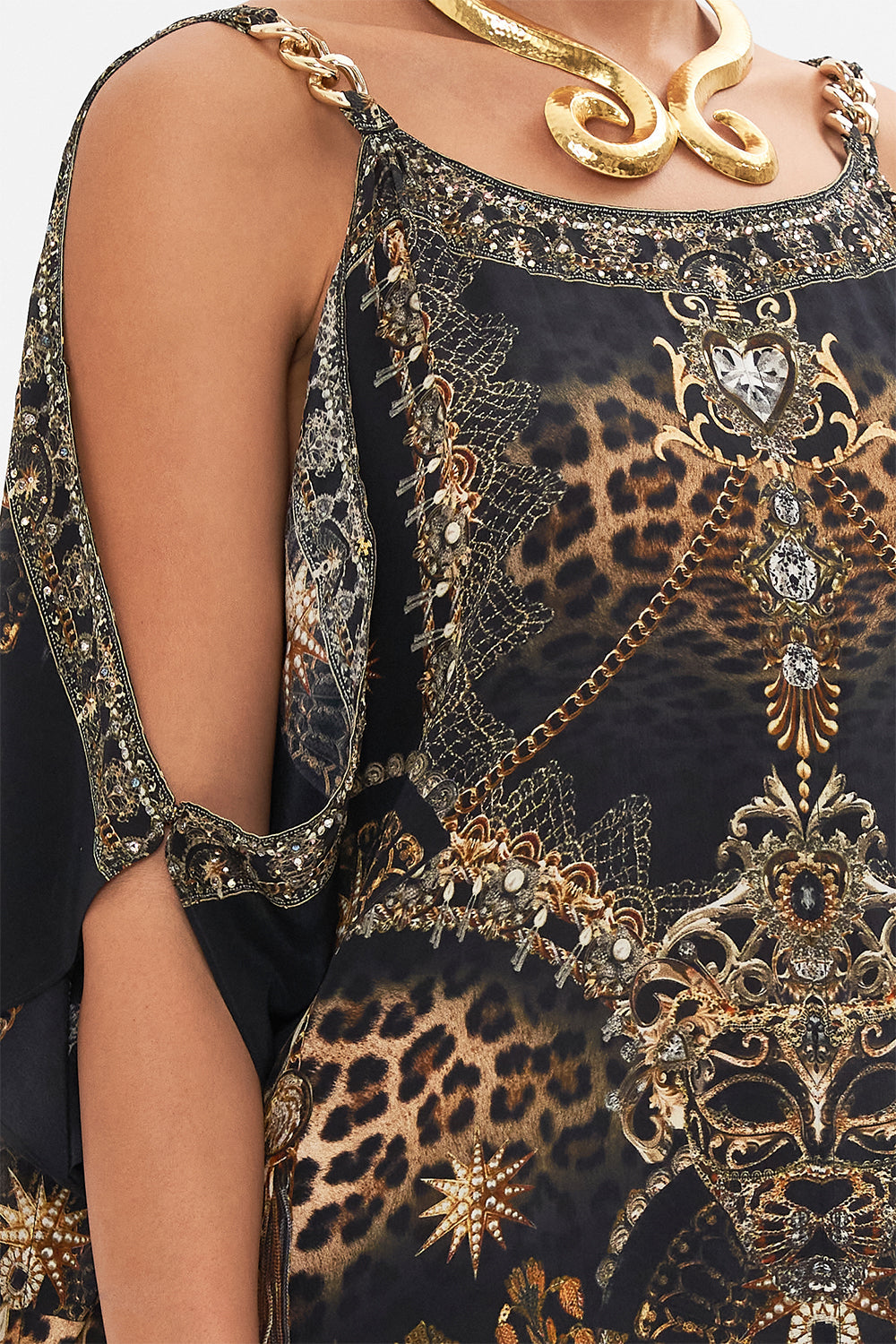CAMILLA silk kaftan with hardware in Masked  at Moonlight print