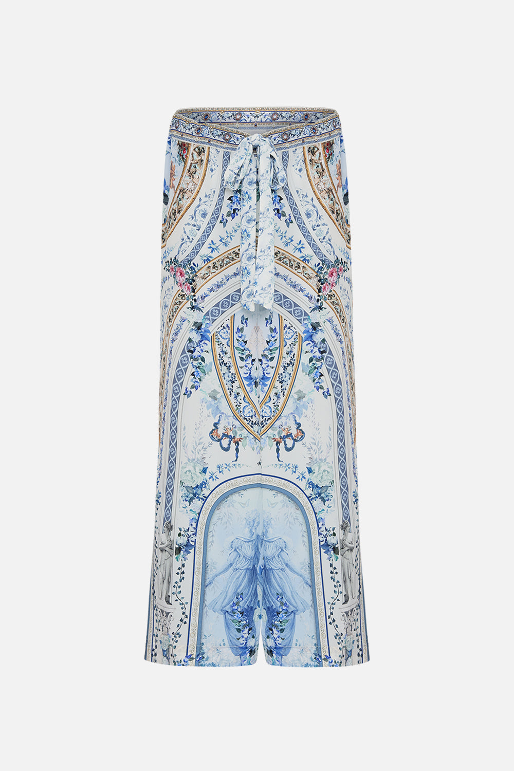 Product view of CAMILLA blue silk pants in Season Of The Siren print 
