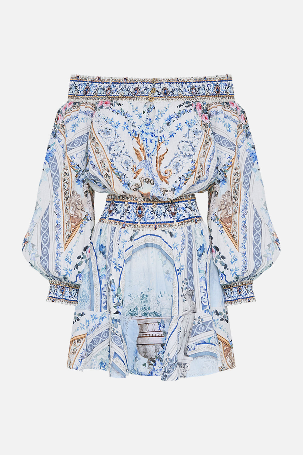 Product view of CAMILLA designer off the shoulder mini dress in Season of the Siren print