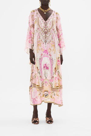 Front view of model wearing CAMILLA pink silk kaftan in Fresco Fairytale print