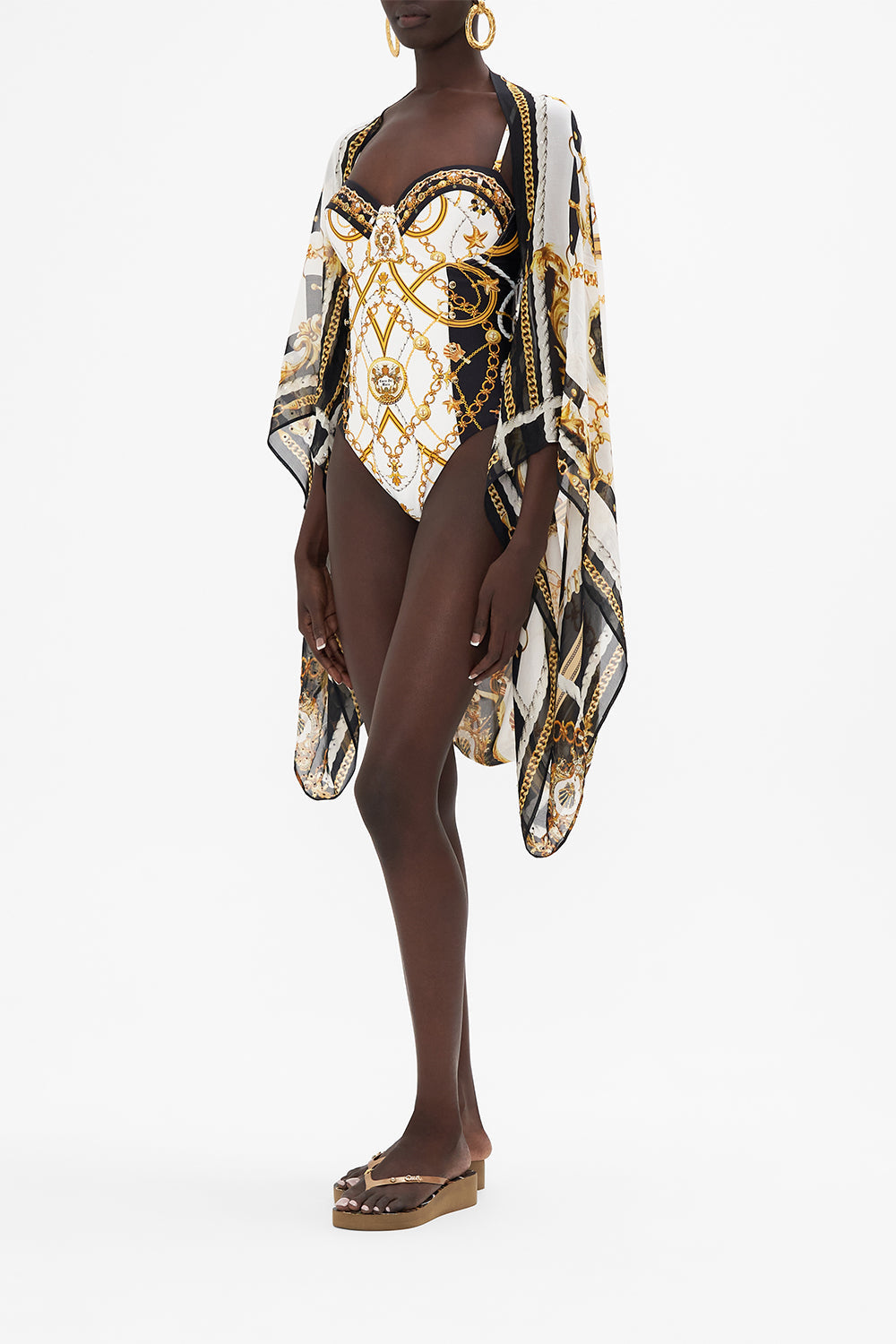 Side view of model wearing  CAMILLA silk shrug in Sea Charm print 