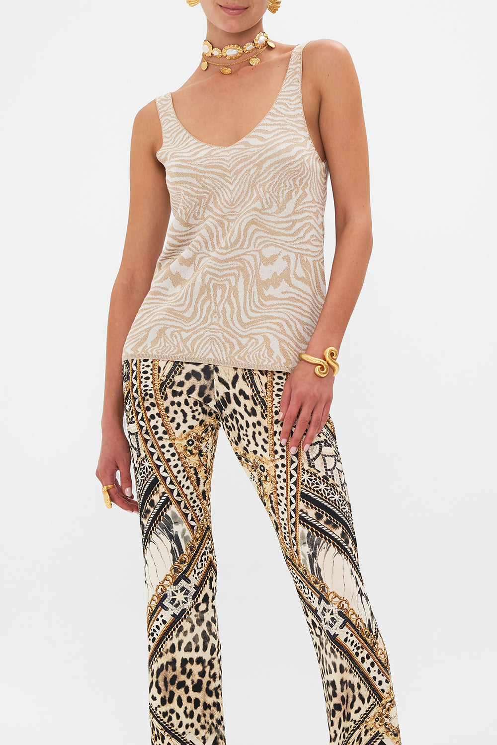 Crop view of model wearing CAMILLA designer animal print knit top in Mosaic Muse 