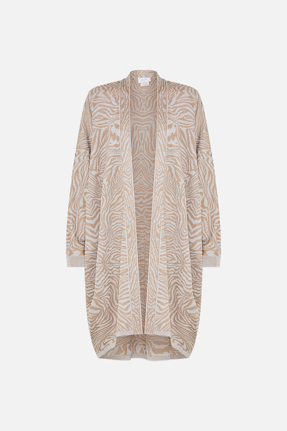 Back view of model wearing CAMILLA knit layer cardigan in Mosaic Muse 