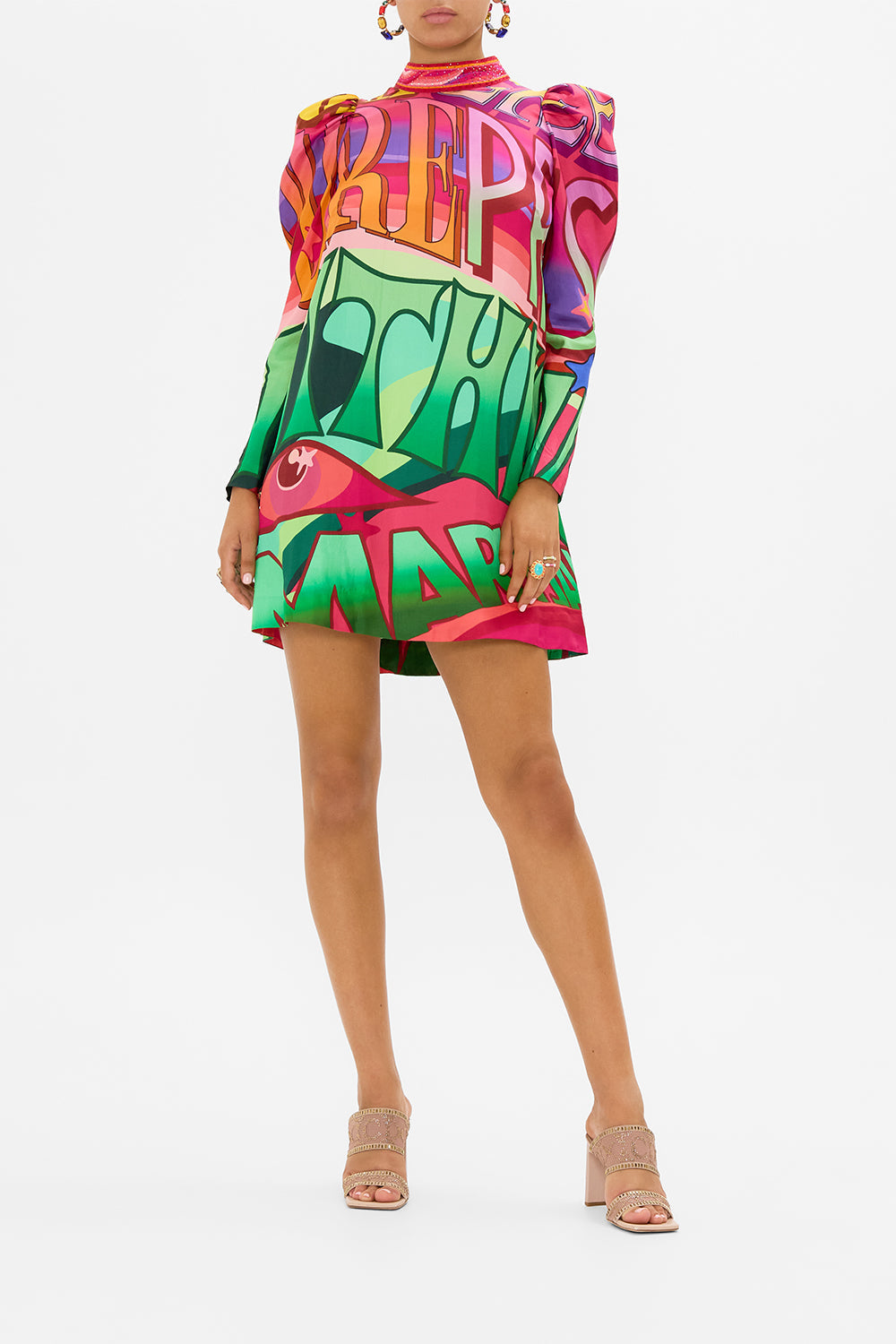 CAMILLA puff sleeve mini dress in Pure Prism print
