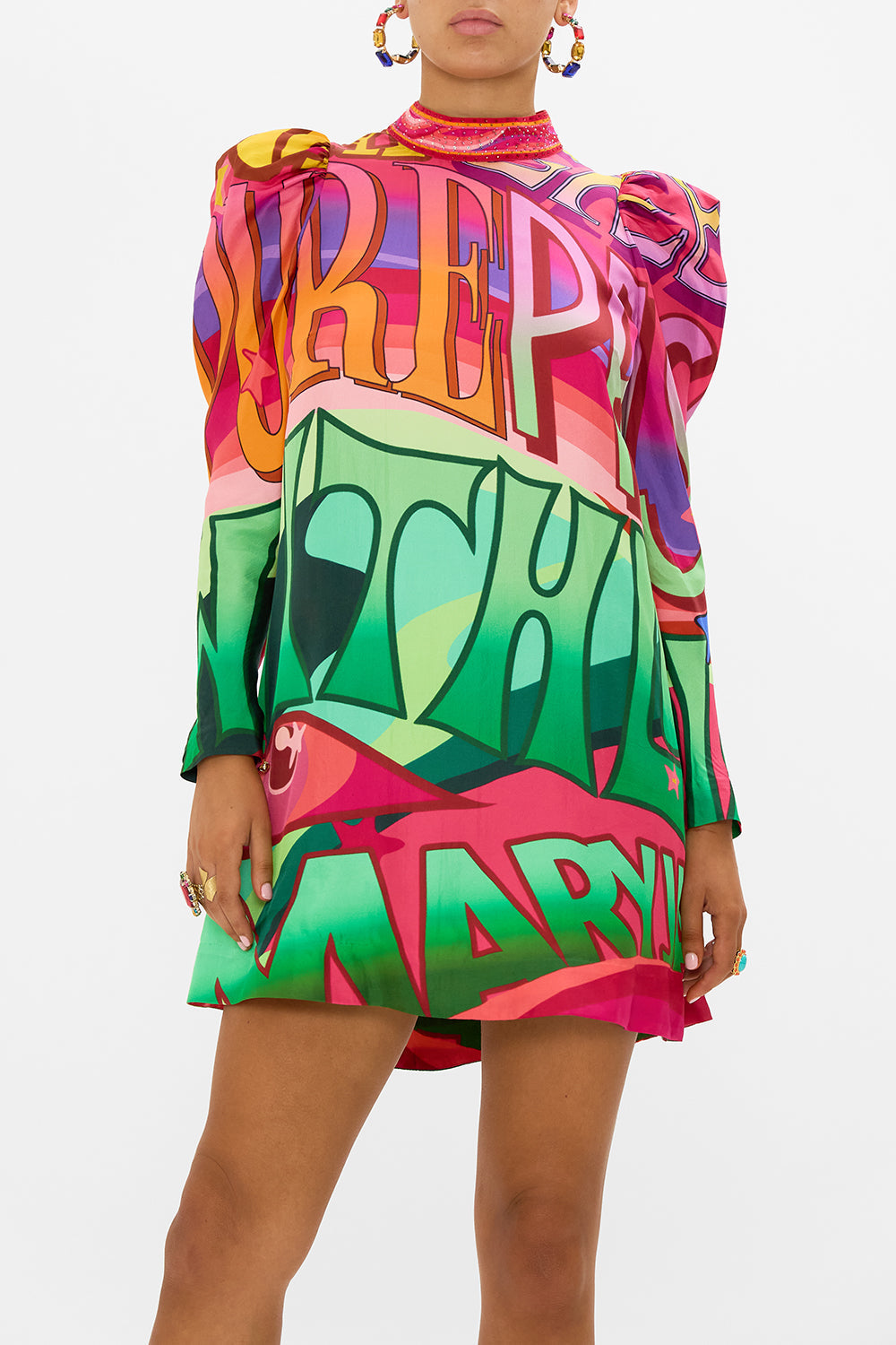 CAMILLA puff sleeve mini dress in Pure Prism print