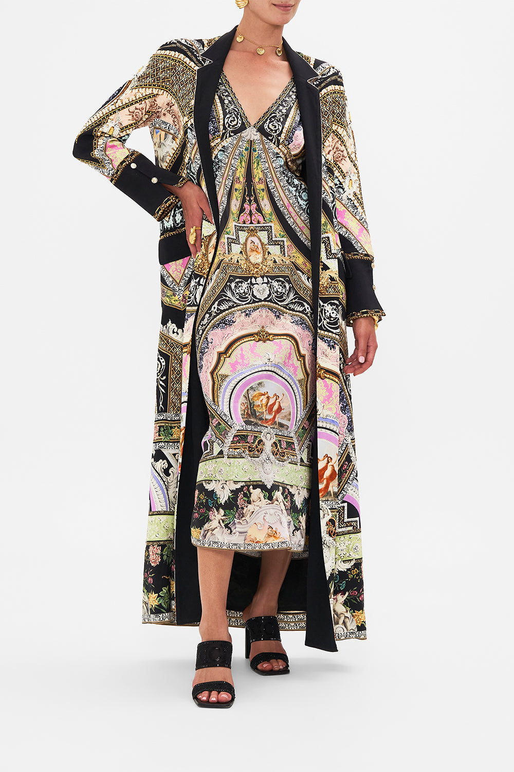 Front view of model wearing CAMILLA silk coat in Florence Field Day print