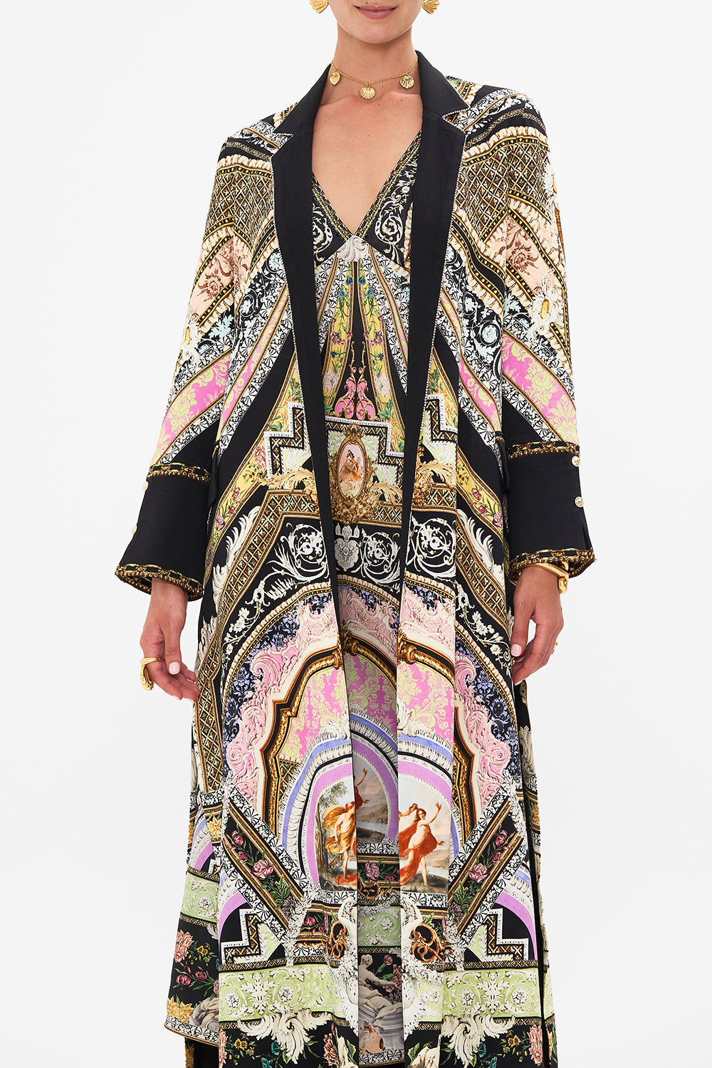 Crop view of model wearing CAMILLA silk coat in Florence Field Day print