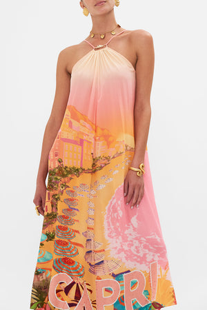Crop view of model wearing CAMILLA sllk halter maxi dress in Capri Me print 