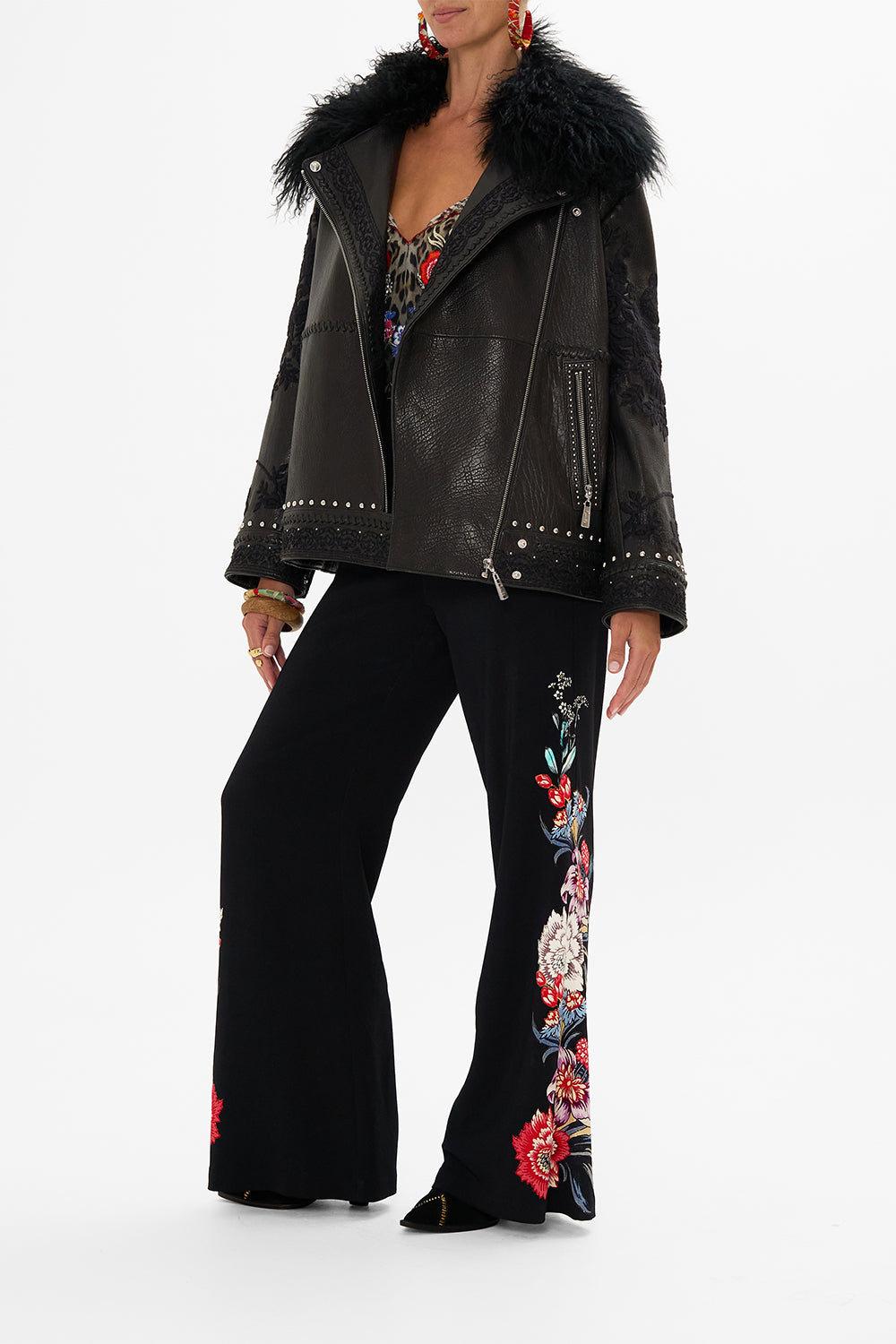 CAMILLA leather biker jacket in Volendam Dolls print