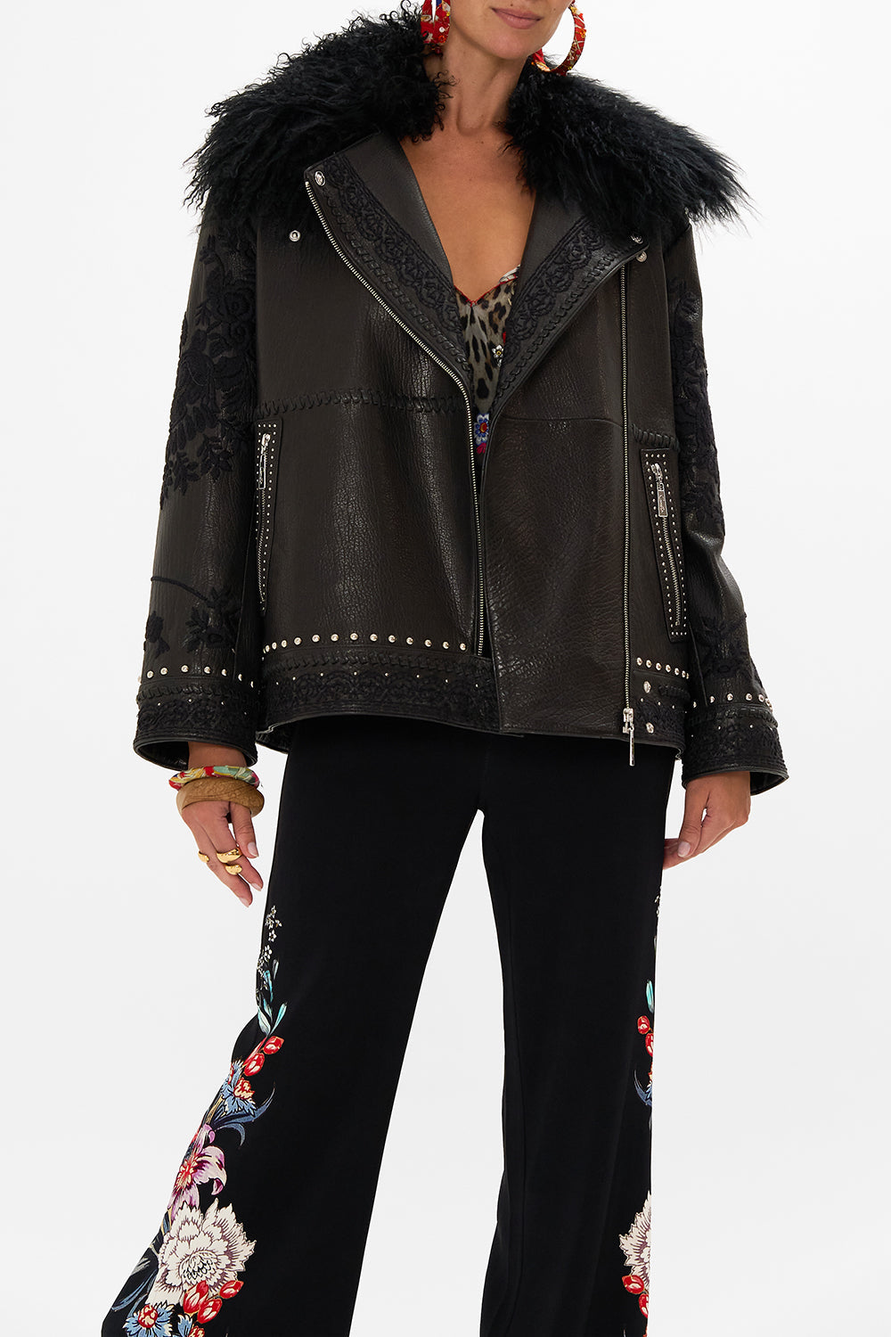 CAMILLA leather biker jacket in Volendam Dolls print