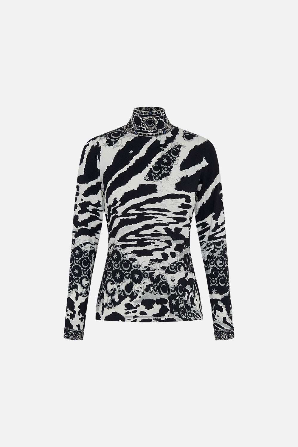 Product view CAMILLA turtleneck top in black and white Feline Fantasy print