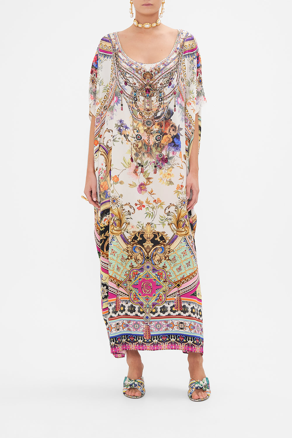Front view of model wearing CAMILLA long silk  kaftan in Friends with Frescos print