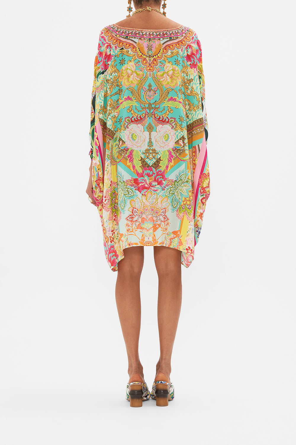 Back view of model wearing CAMILLA short silk kaftan in An Italian Welcome print