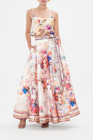 Front view of model wearing CAMILLA taffeta maxi skirt in Friends With Frescos print
