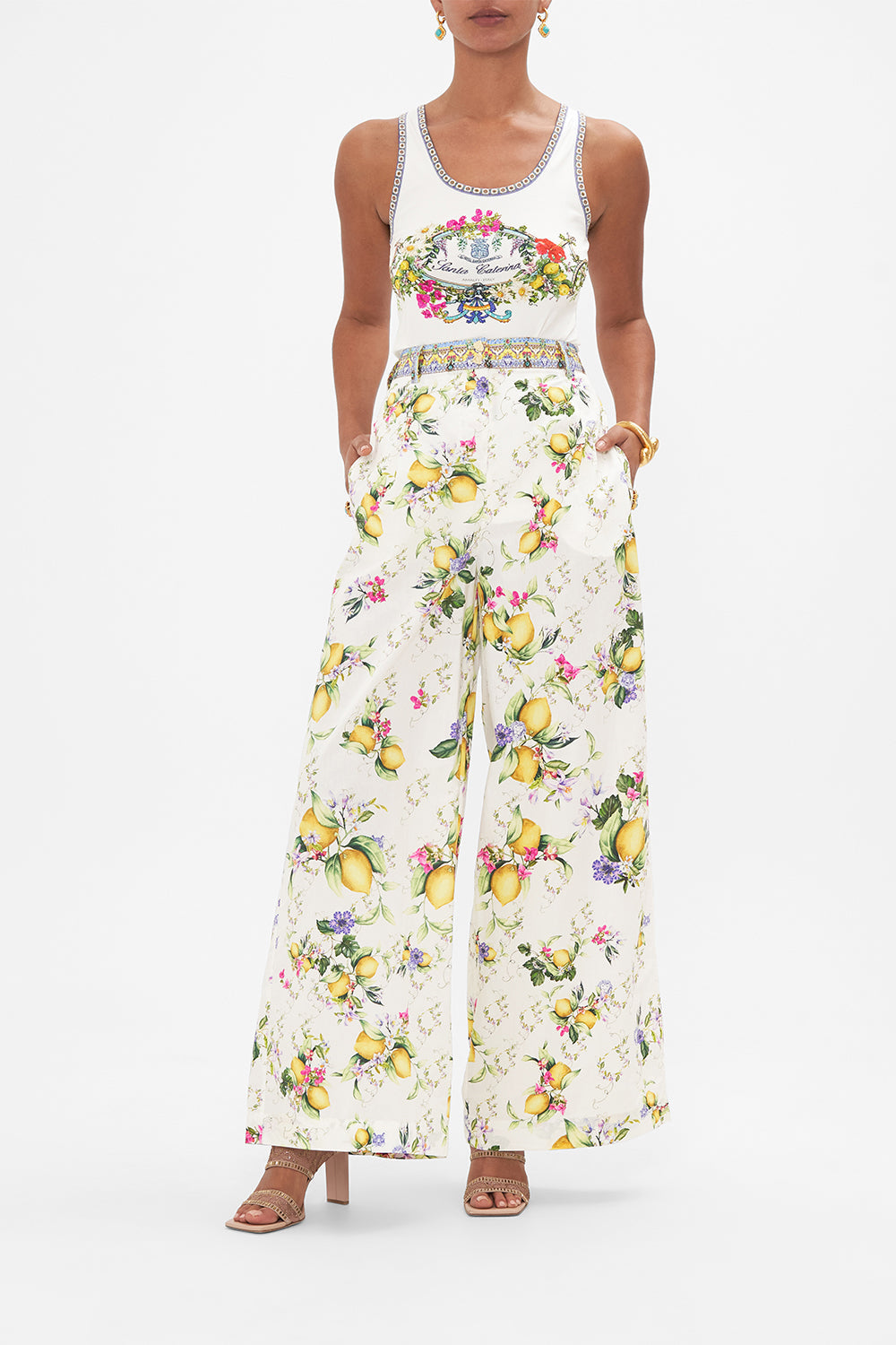 Front view of model wearing CAMILLA tank top in Amalfi Amore print 