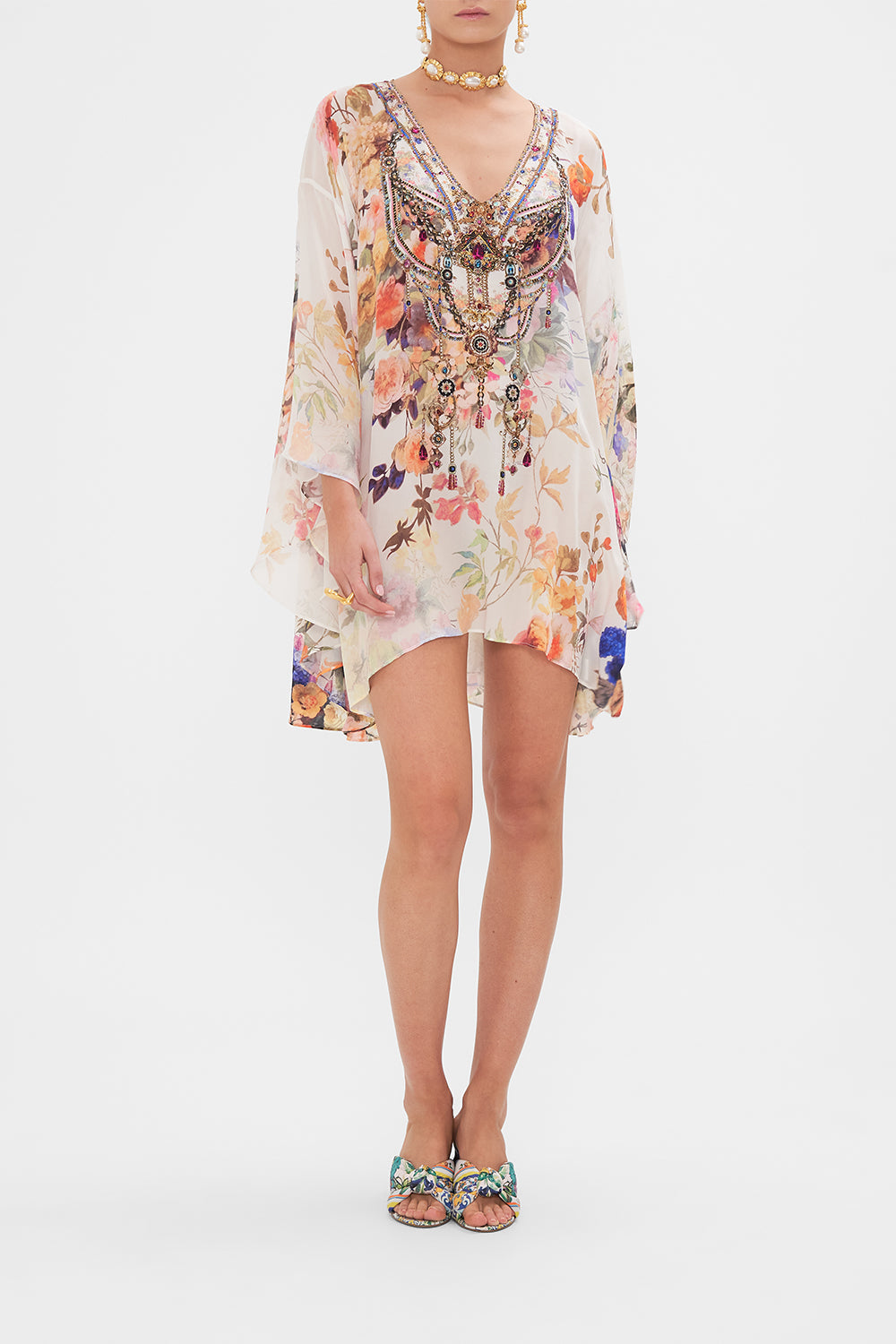 Front view of model wearing CAMILLA printed silk kaftan in Friends with Frescos print