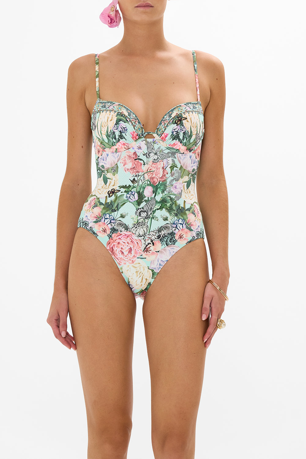 CAMILLA floral continuous wire moulded bra one piece in Petal Promise Land