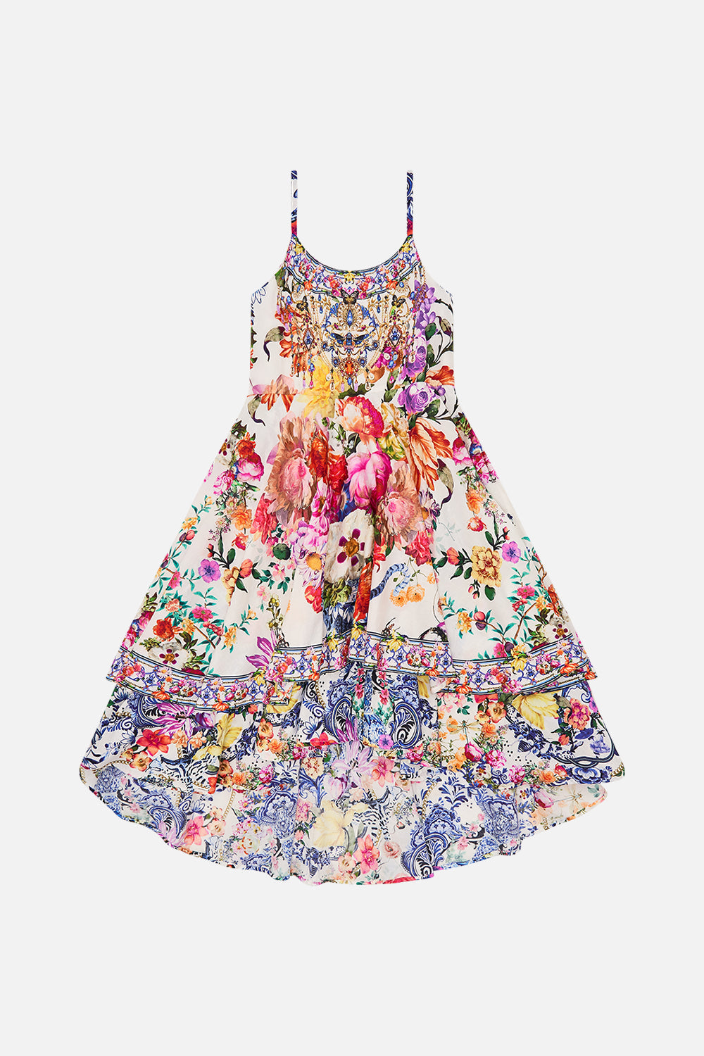 Front view of Milla By CAMILLA  kids round neck floral dress in Dutch Is Life print