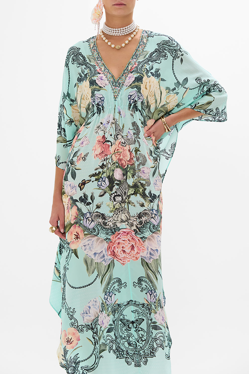 CAMILLA Floral Gathered Waist Kaftan in Petal Promise Land print