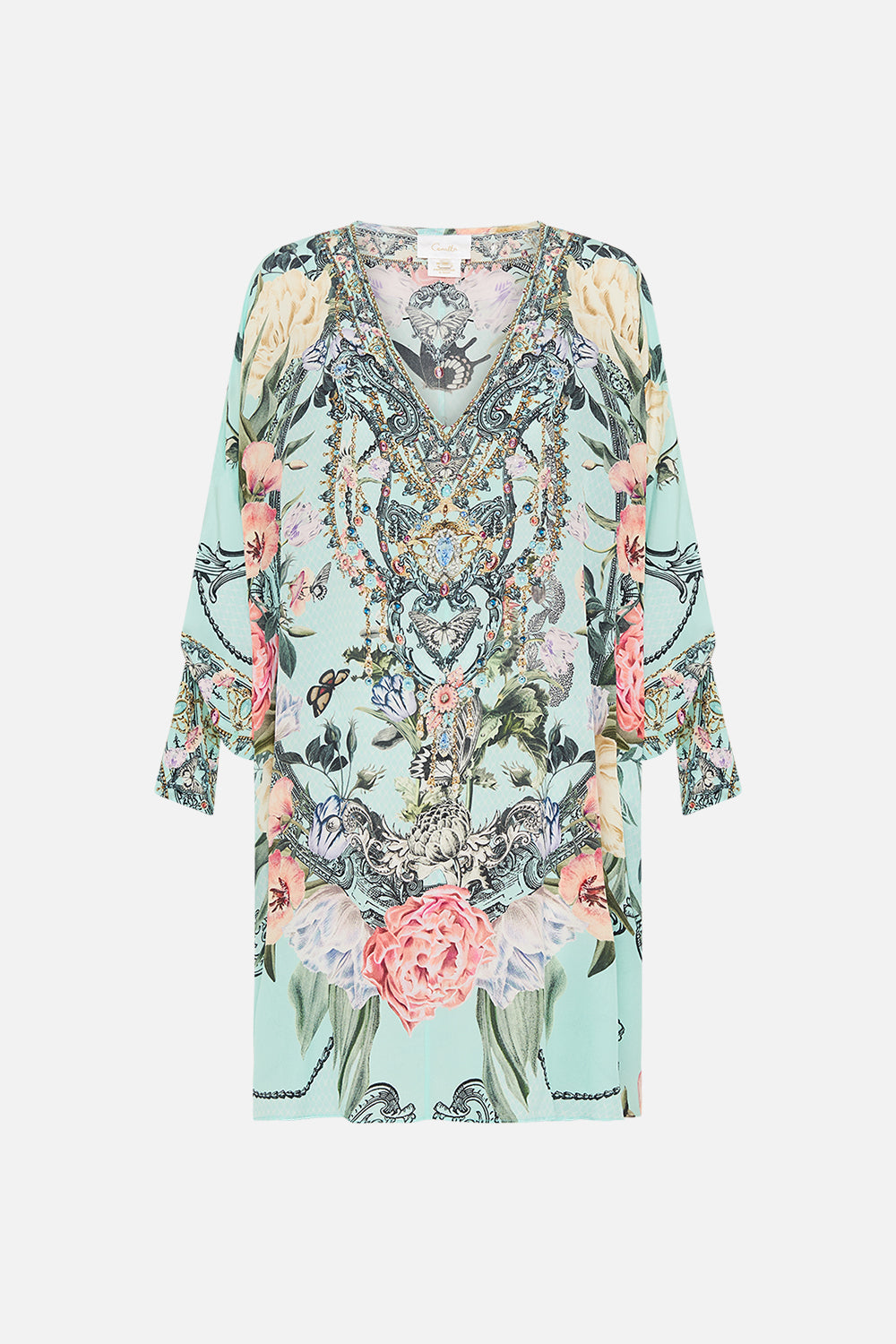 CAMILLA Floral Tie Sleeve Short V-Neck Kaftan in Petal Promise Land print