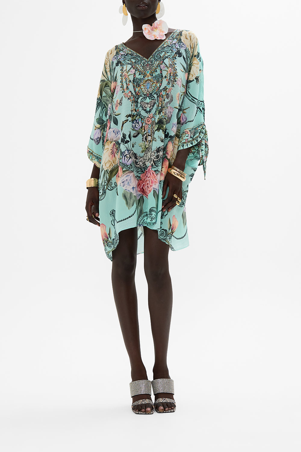 CAMILLA Floral Tie Sleeve Short V-Neck Kaftan in Petal Promise Land print
