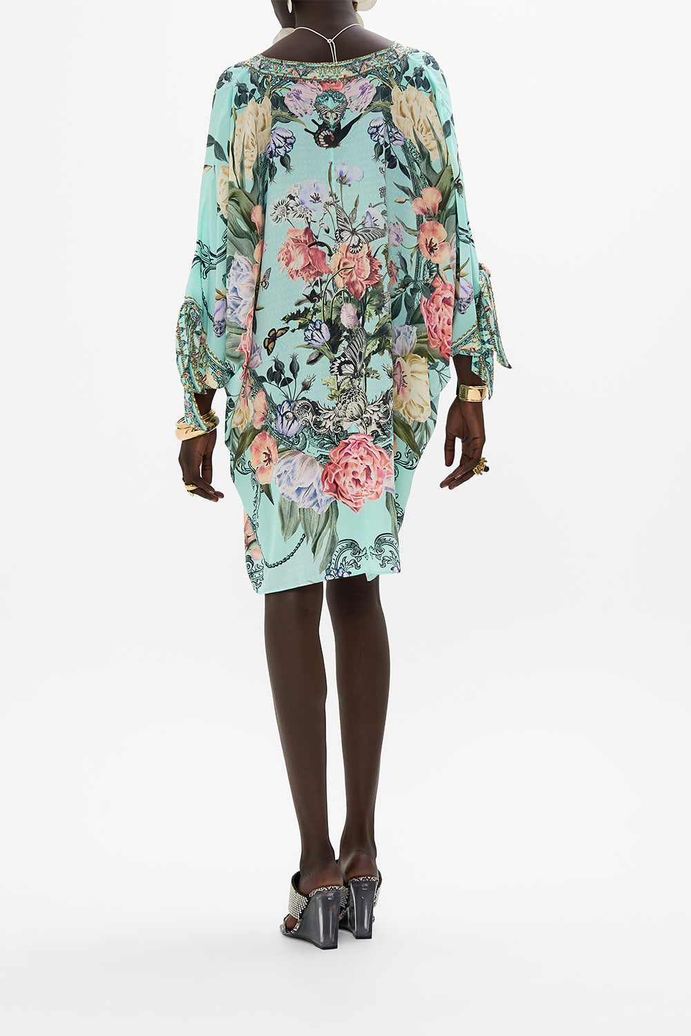 CAMILLA Floral Tie Sleeve Short V-Neck Kaftan in Petal Promise Land print
