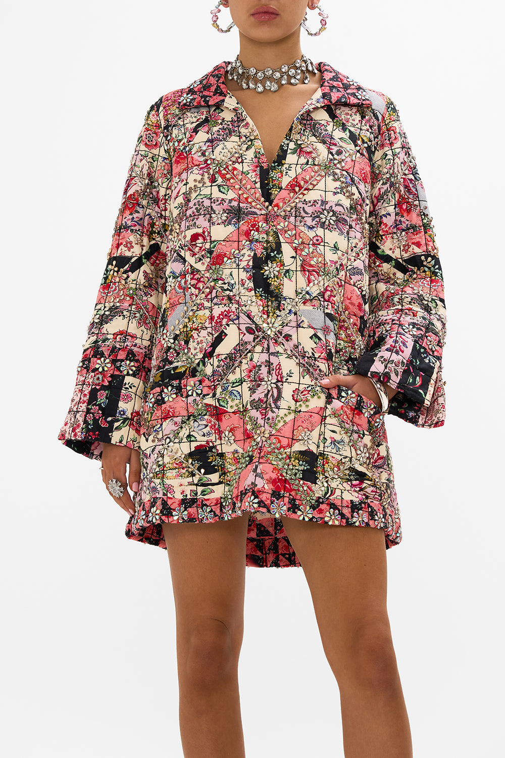 CAMILLA Patchwork Long Sleeve Tunic with Rhinestone Crystals in Patchwork Poetry print