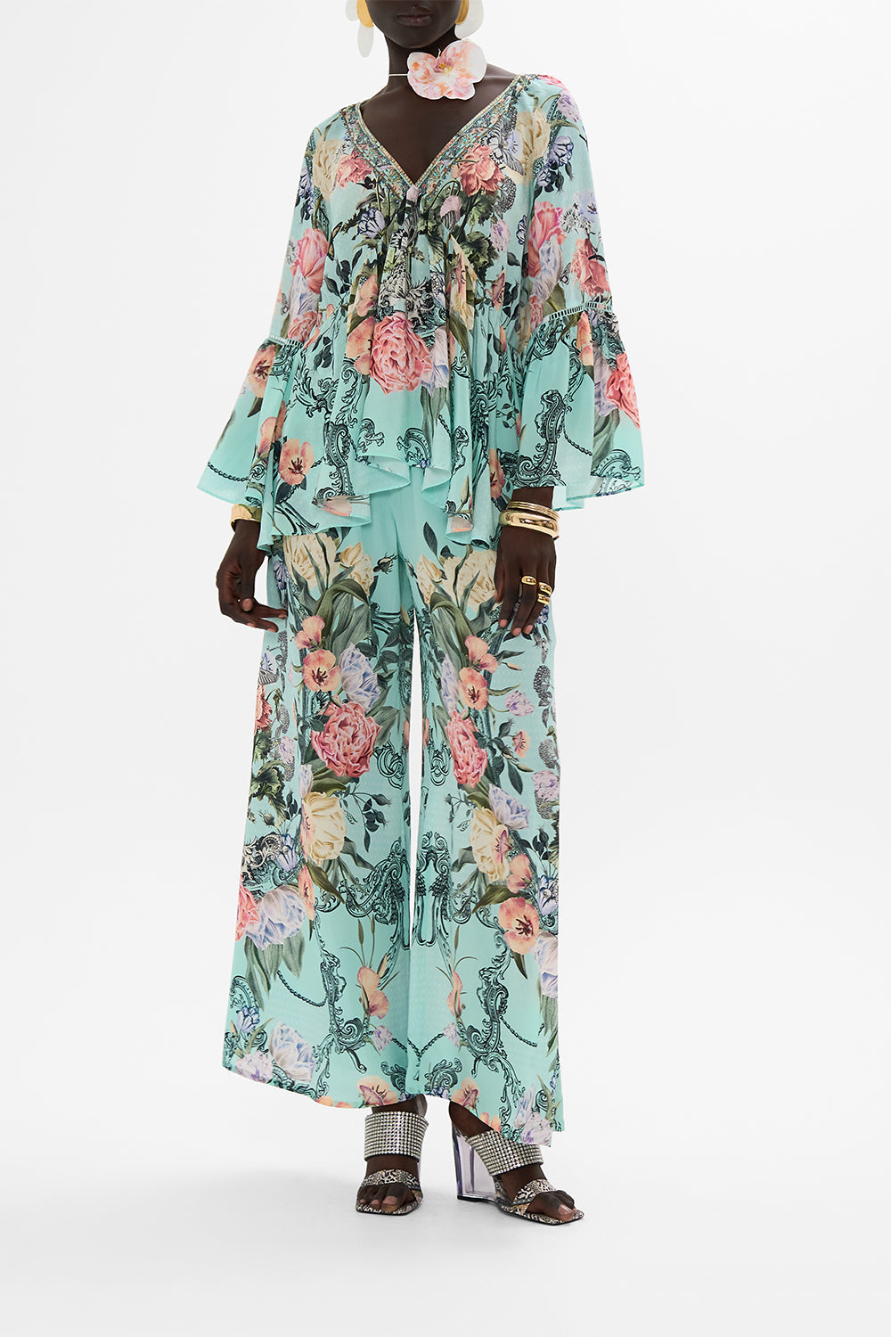 CAMILLA floral slouch shoulder bag in Stitched in Time print.