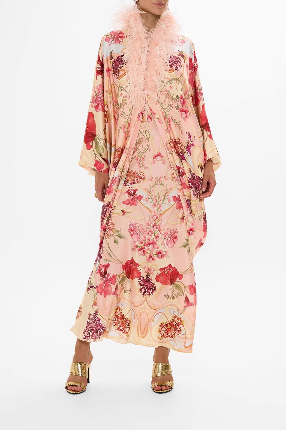 DRAPED BACK LAYER WITH FEATHER COLLAR BLOSSOMS AND BRUSHSTROKES