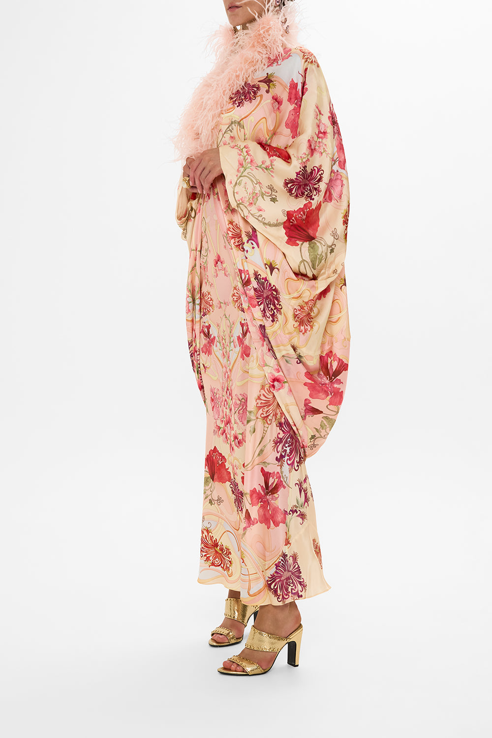 CAMILLA Floral Draped Back Layer with Feather Collar in Blossoms and Brushstrokes